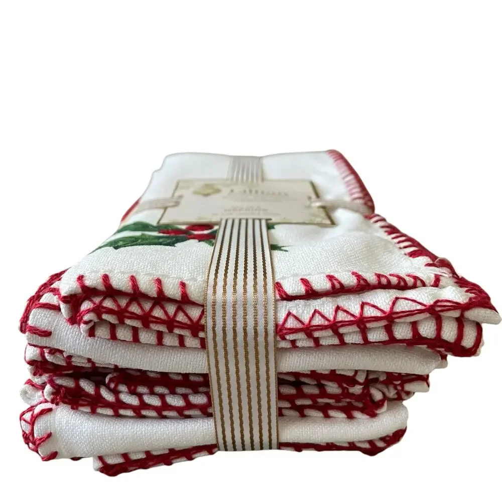 Lillian August Holly Berry Christmas Dinner Napkins Set of 8 Embroidered 18x18
